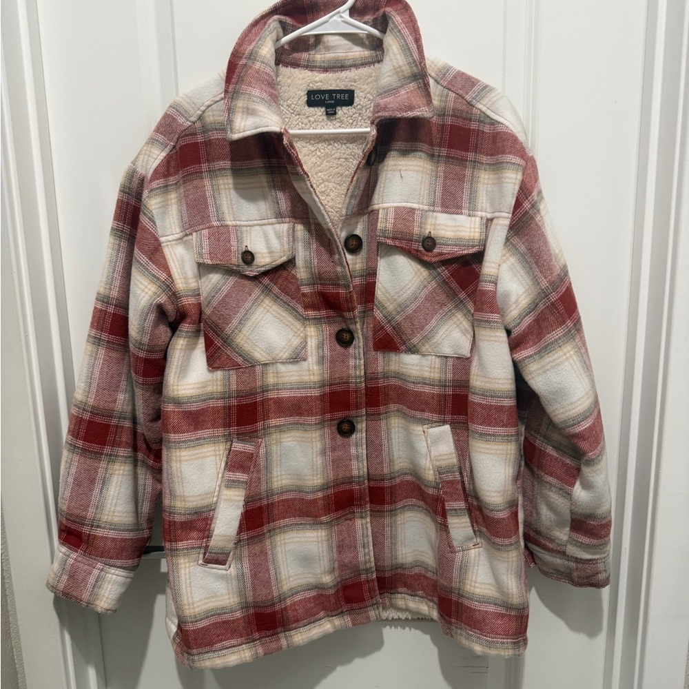 Love Tree Women's Red and Cream Plaid Utility Jacket